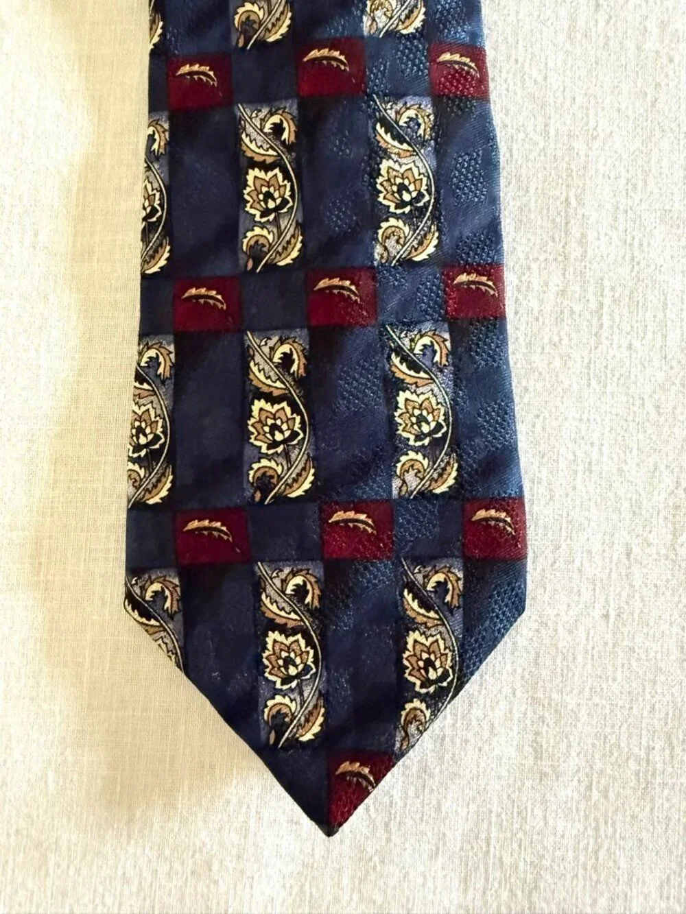 Vintage New Haven Silk Tie Navy Paisley Floral Striped Burgundy Made USA